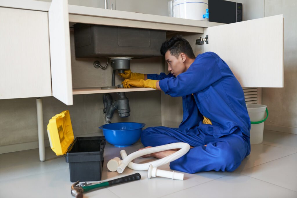 Plumber kneeling near leaking pipe